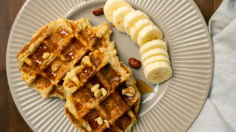 Protein Waffles With Almond Butter and Pear Slices