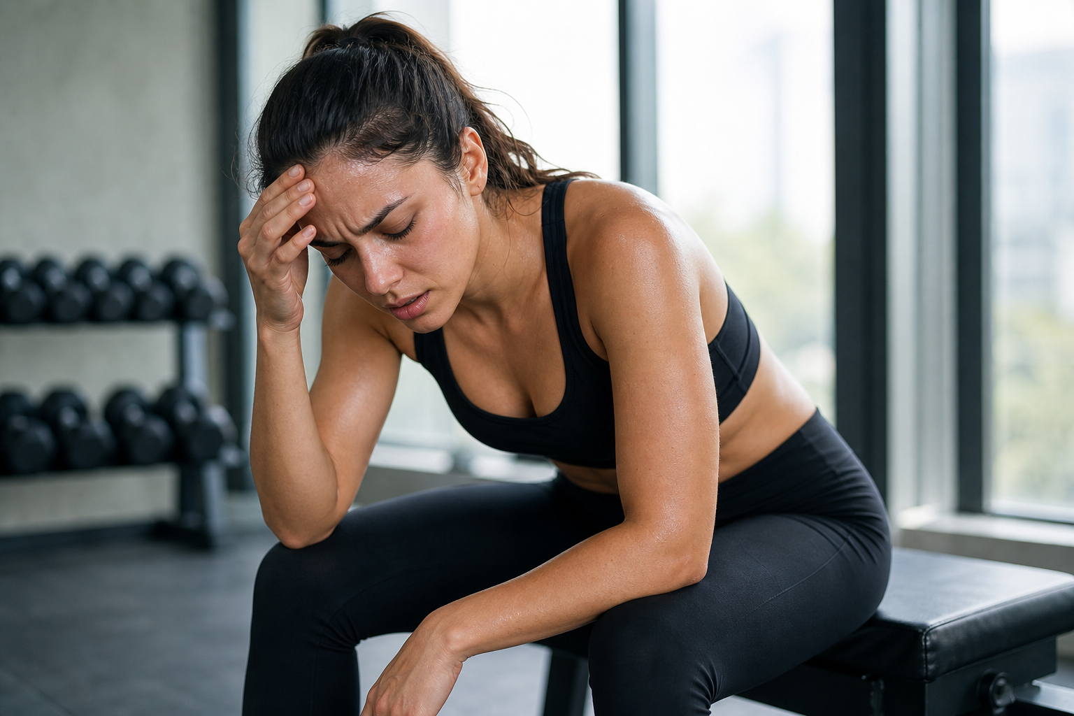 Woman experiencing dizziness during morning workout due to low blood sugar