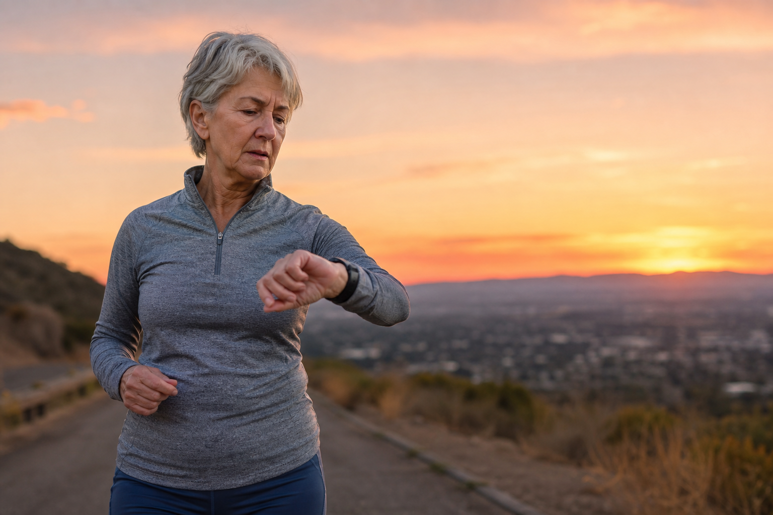 Senior woman exercising during evening hours while checking her watch