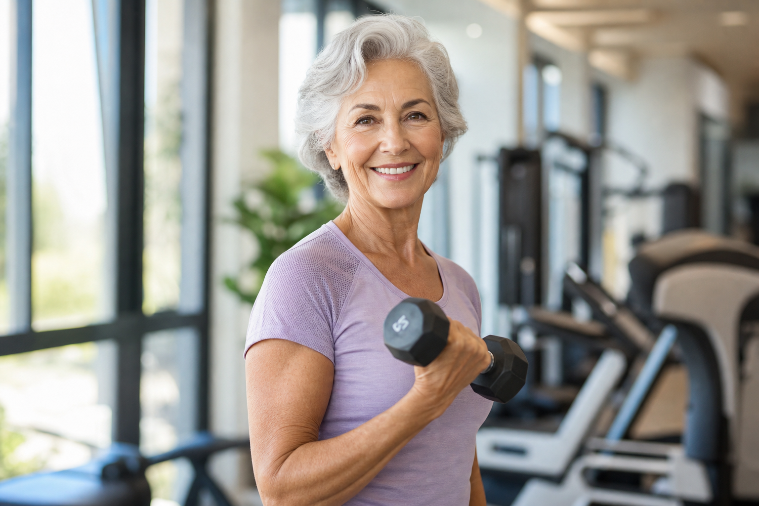 Senior woman performing strength training exercise with dumbbell