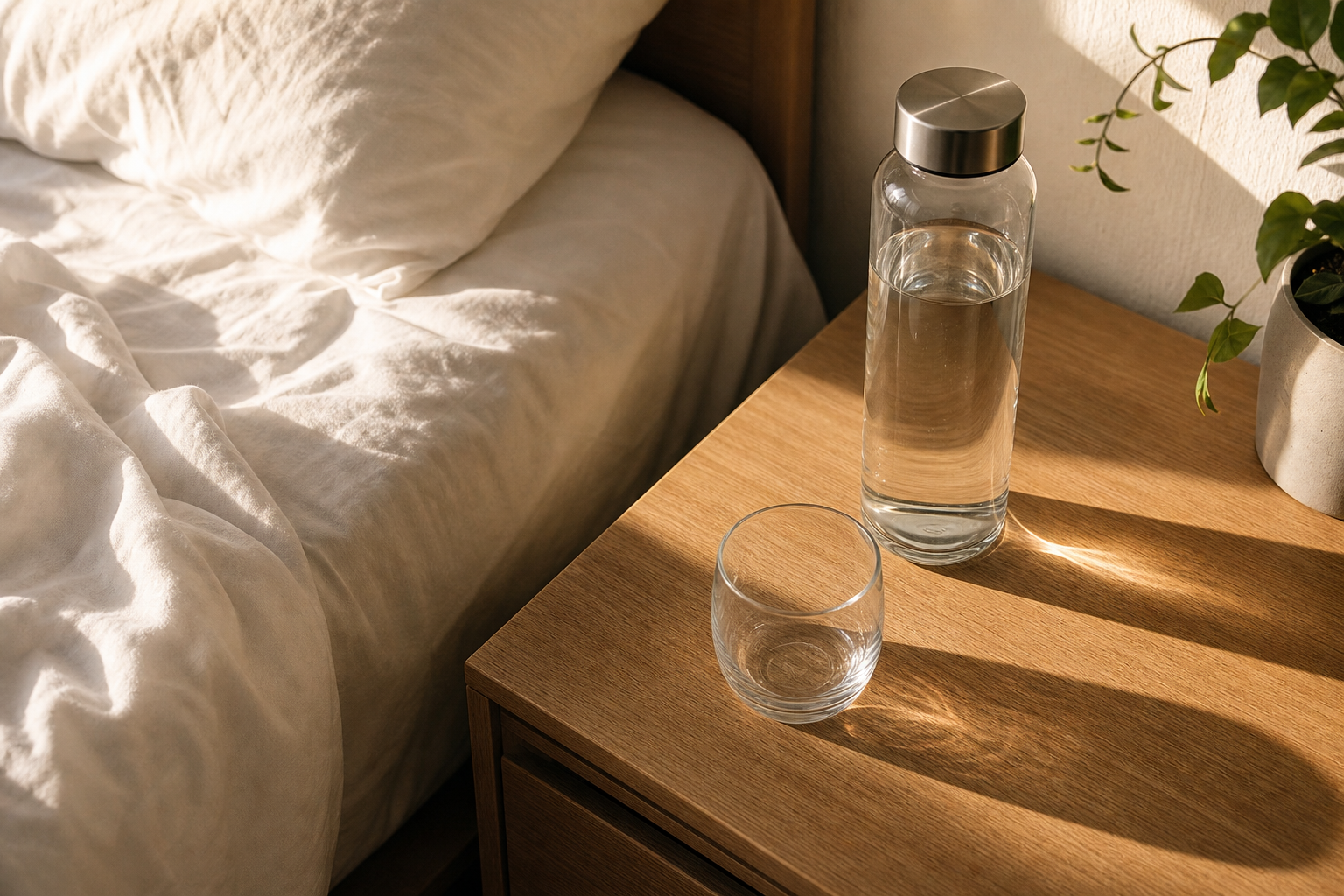 Water bottle on bedside table in morning light illustrating overnight dehydration