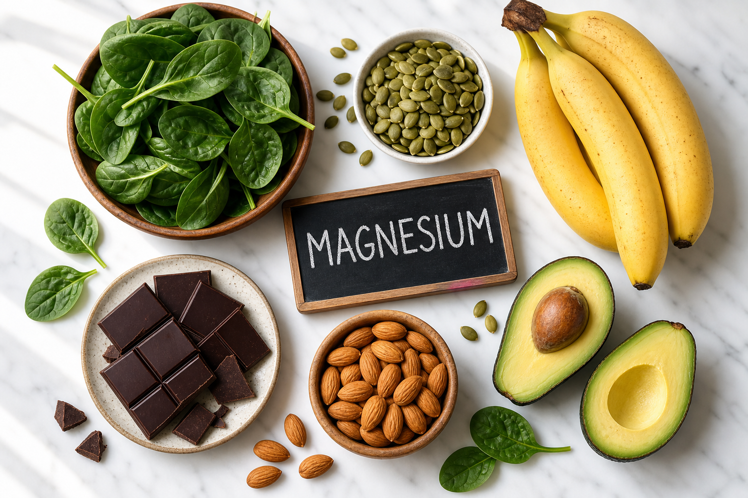 Overhead view of magnesium-rich foods including leafy greens, nuts, and avocados