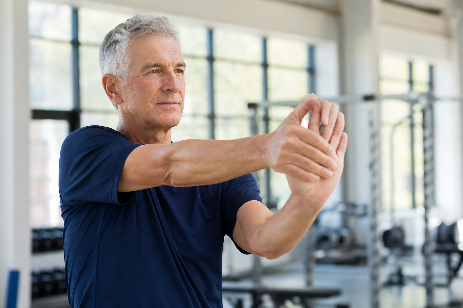 Senior man performing forearm stretching exercise in gym to relieve elbow pain