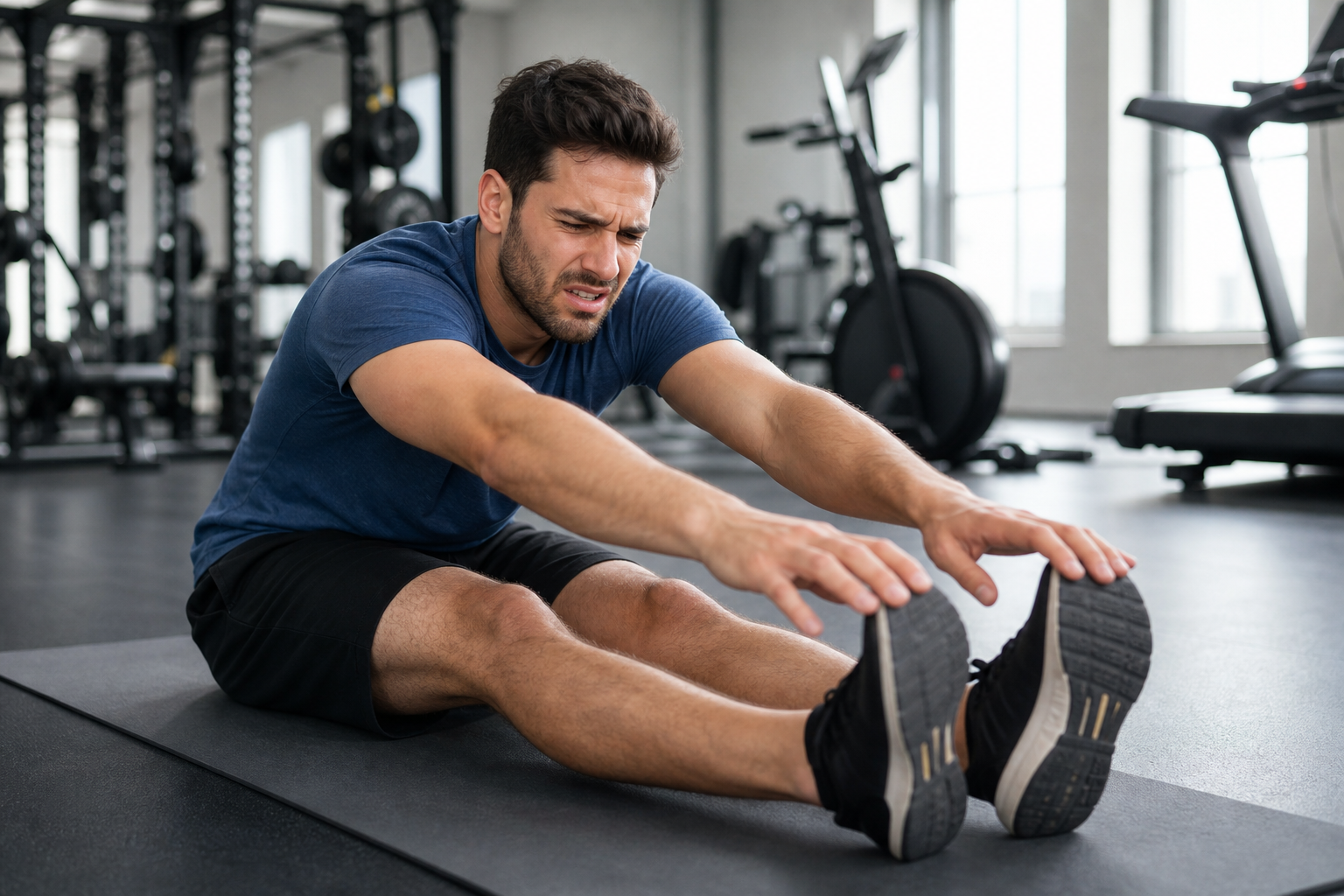 Person performing hamstring stretch on yoga mat appearing frustrated despite stretching