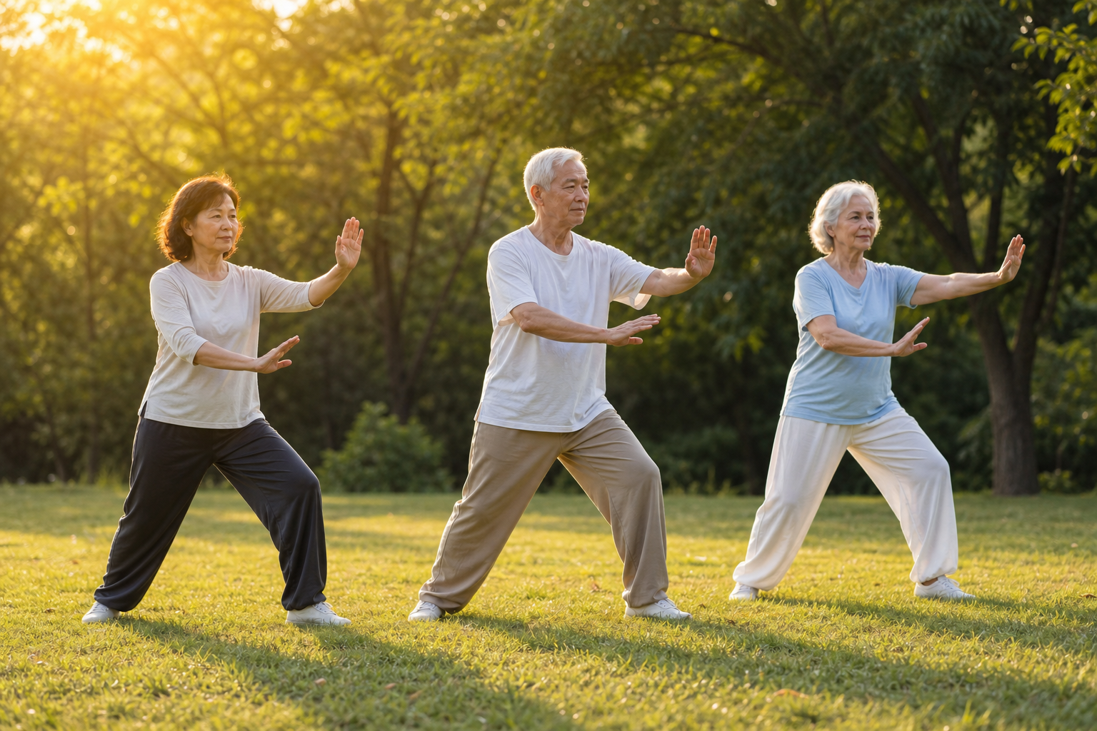 Group of seniors practicing tai chi movements together in a park