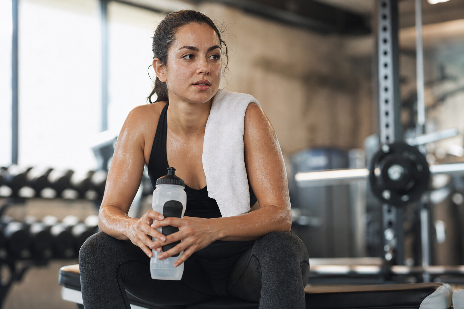 Athletic person experiencing hand tremors while resting after an intense workout in a gym