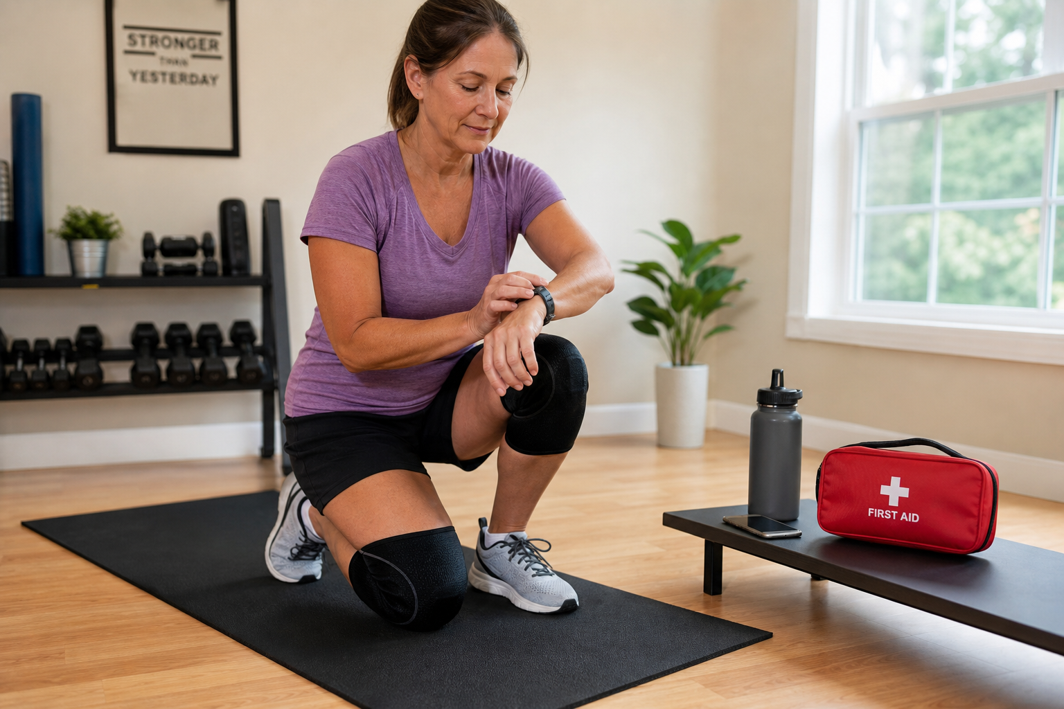 Person demonstrating essential safety practices for exercising including proper gear and monitoring equipment