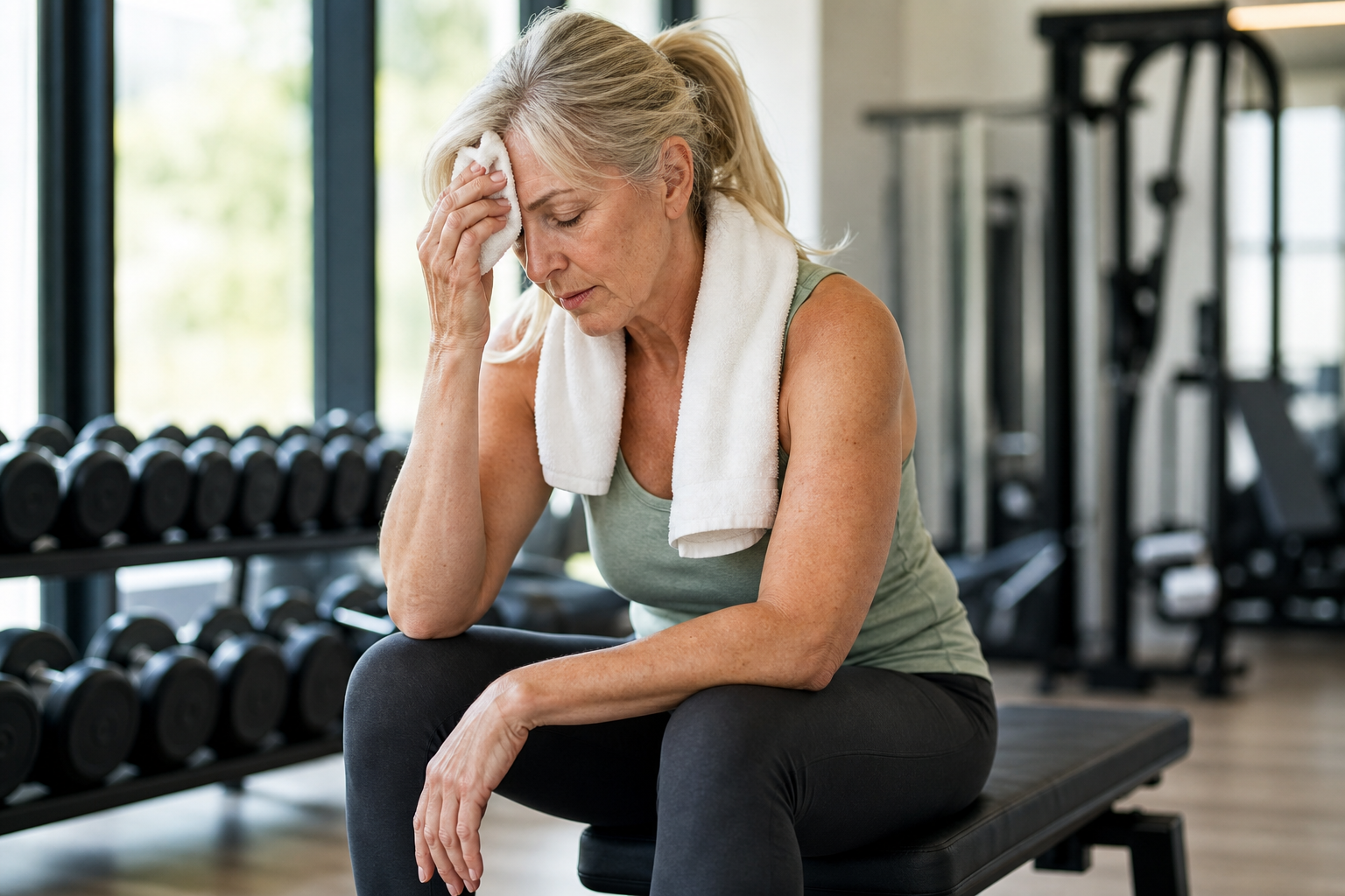 Senior woman looking tired after exercise, sitting on gym bench
