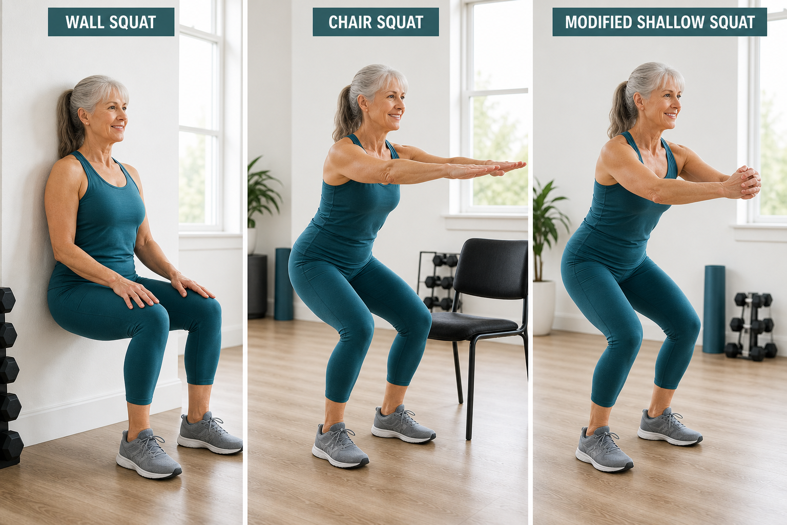 Senior woman demonstrating multiple knee-friendly squat variations in sequence