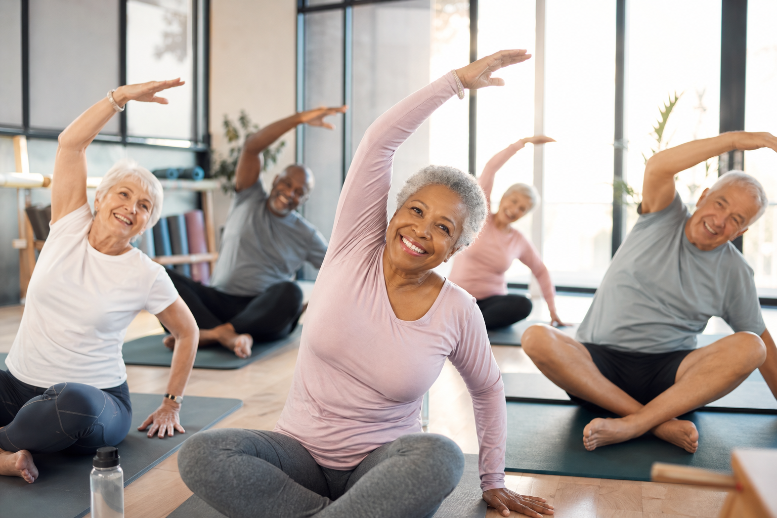Happy senior adults exercising together in a bright fitness studio