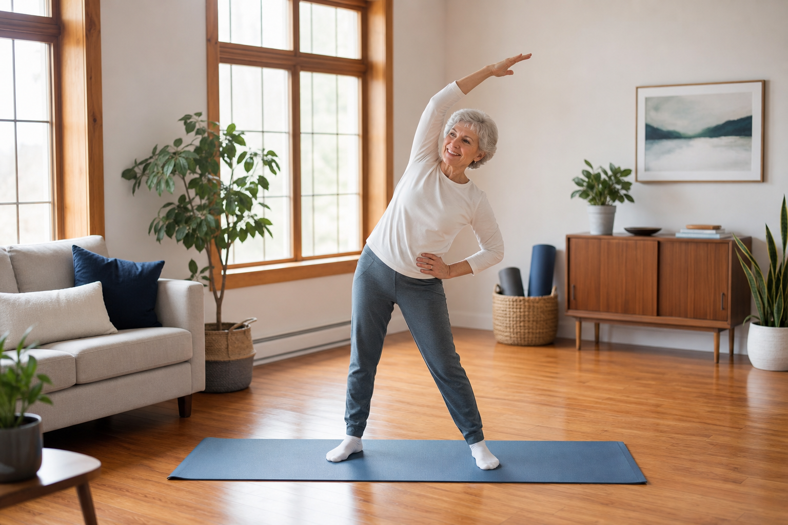Senior woman exercising indoors in a bright living room