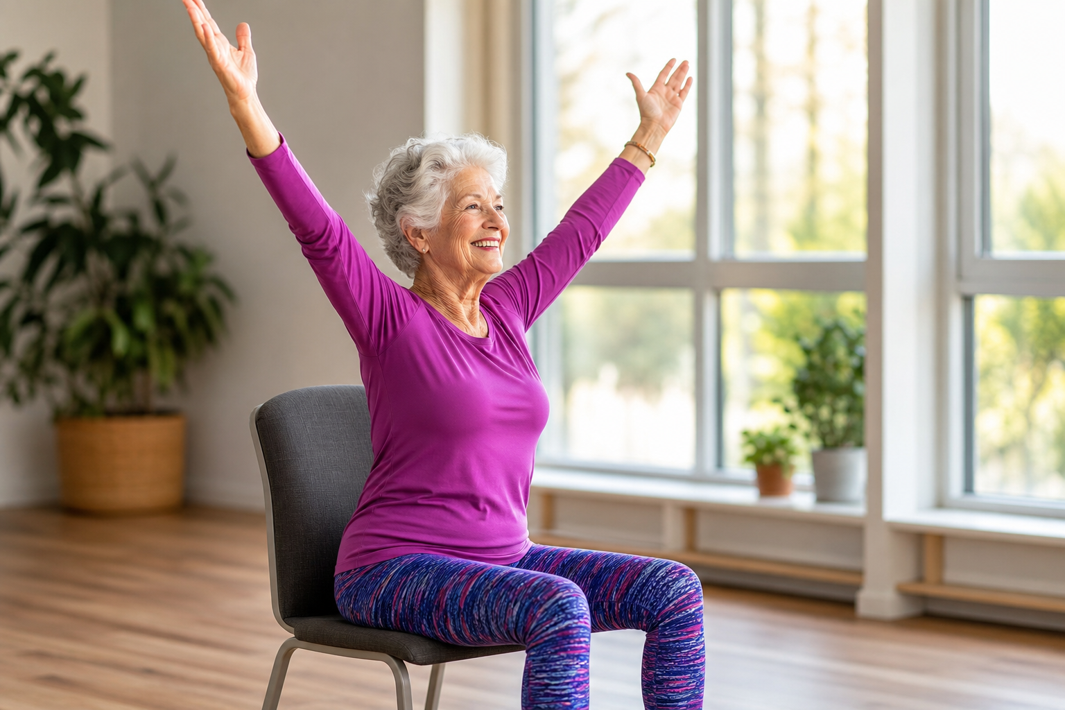 Senior woman performing chair dance exercises with raised arms while seated