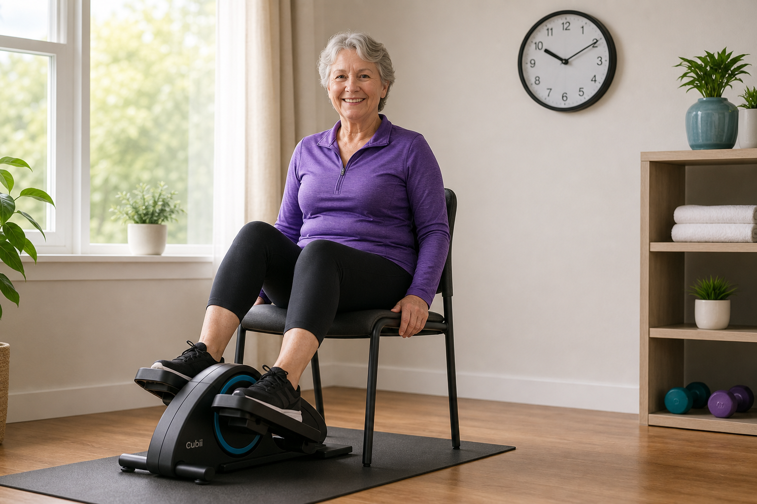 Senior woman exercising on a compact elliptical machine at home