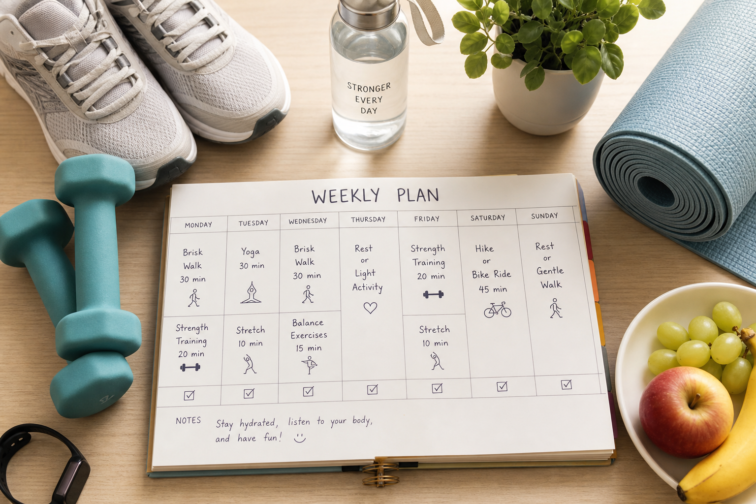 Overhead view of weekly exercise planner with fitness equipment and healthy lifestyle items