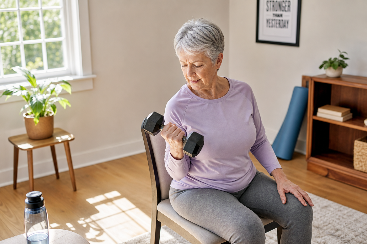 Senior woman performing seated dumbbell exercise in bright home setting