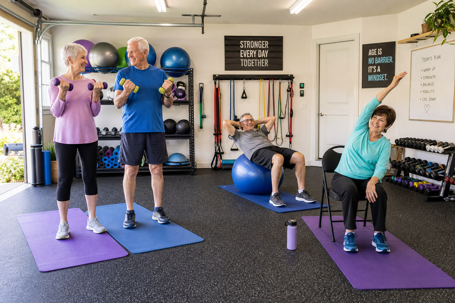 Seniors participating in various group exercise activities in a garage gym setting