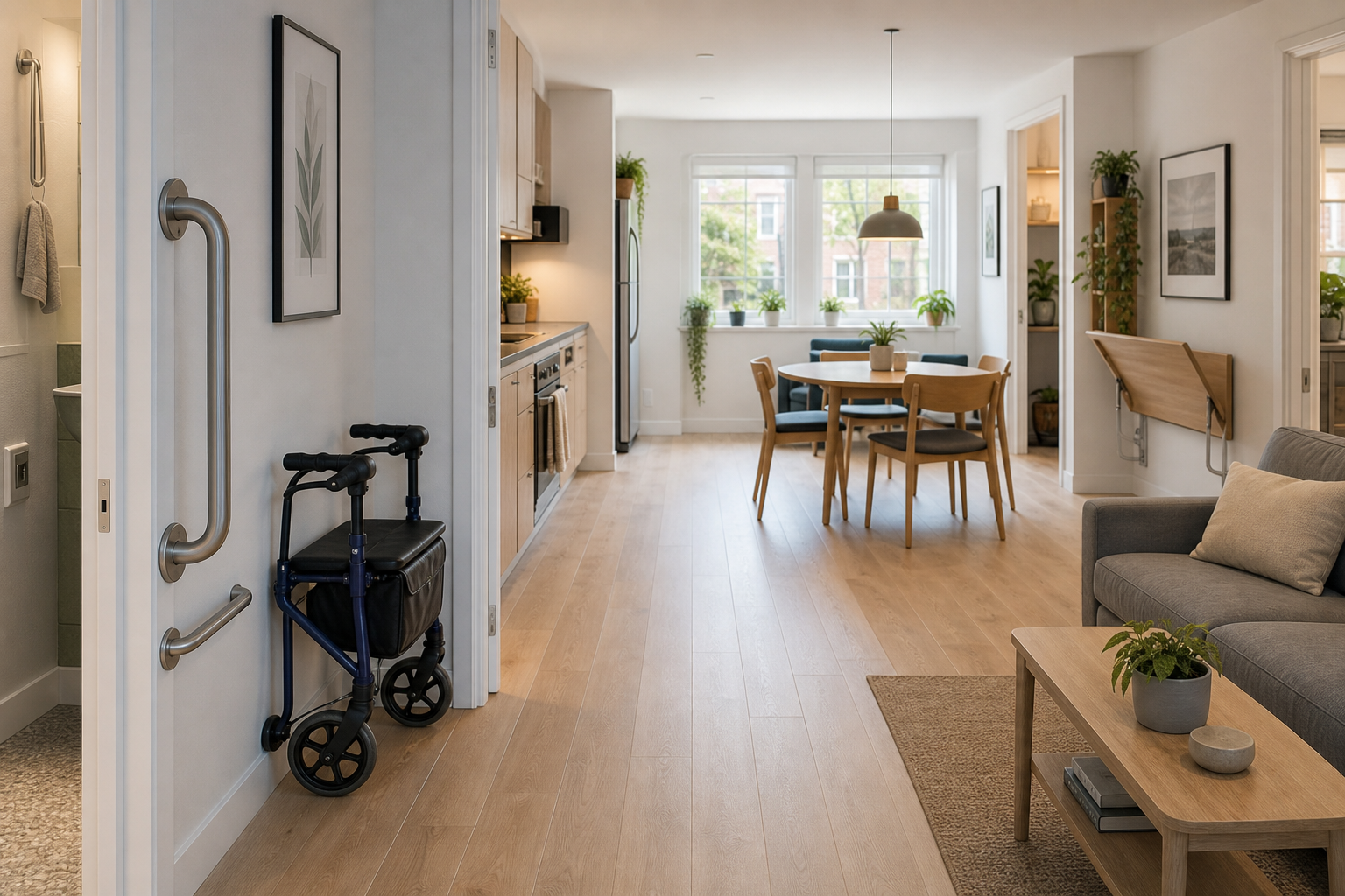 Small apartment interior with mobility-friendly furniture arrangement and grab bars