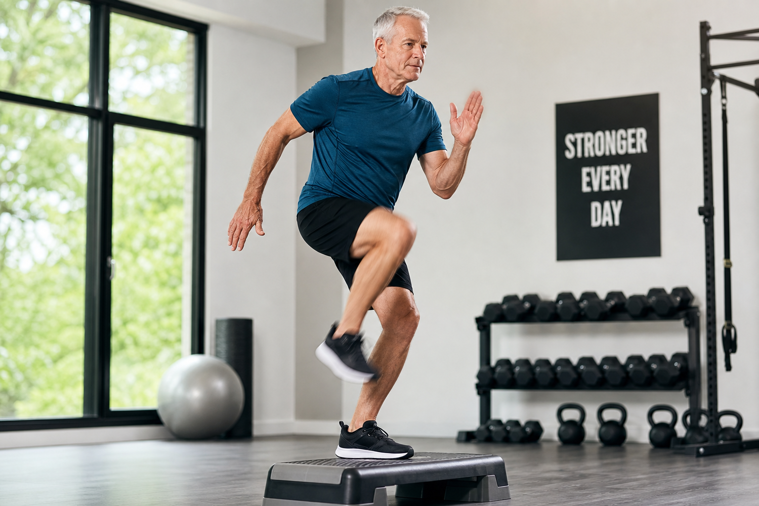 Senior man performing quick stepping exercise to build reactive strength for fall prevention