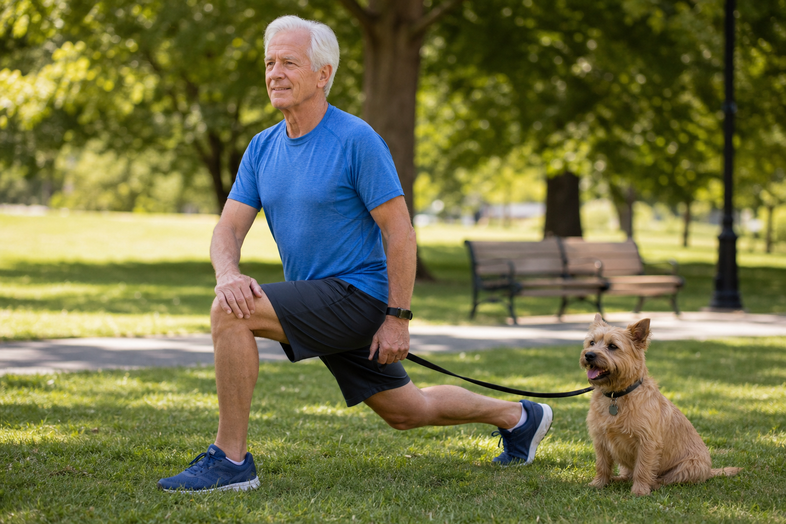 Senior man performing a lunge exercise in the park while his dog waits nearby