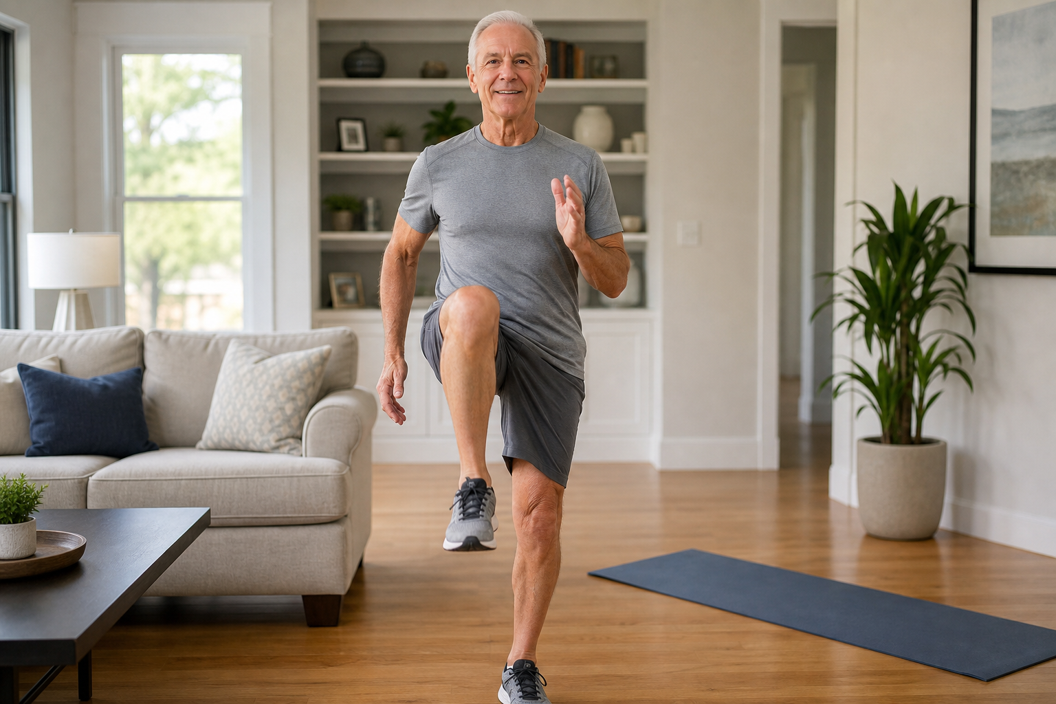 Senior man doing high knee walking exercises indoors