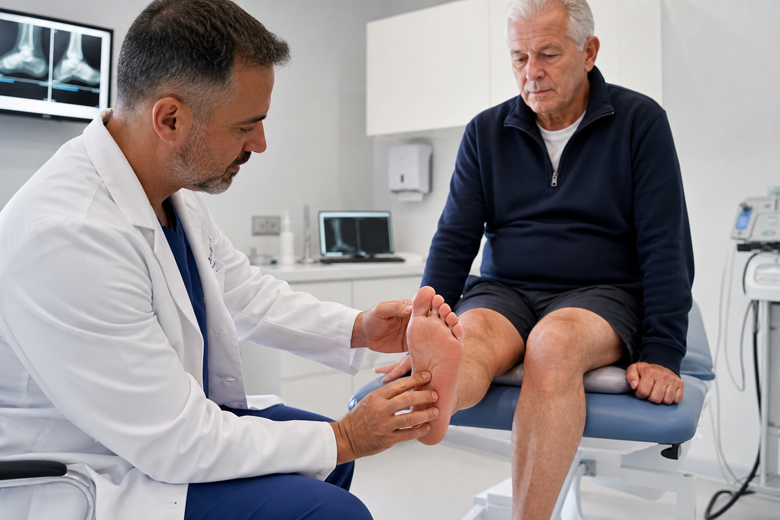 Healthcare provider examining patient's foot during medical consultation