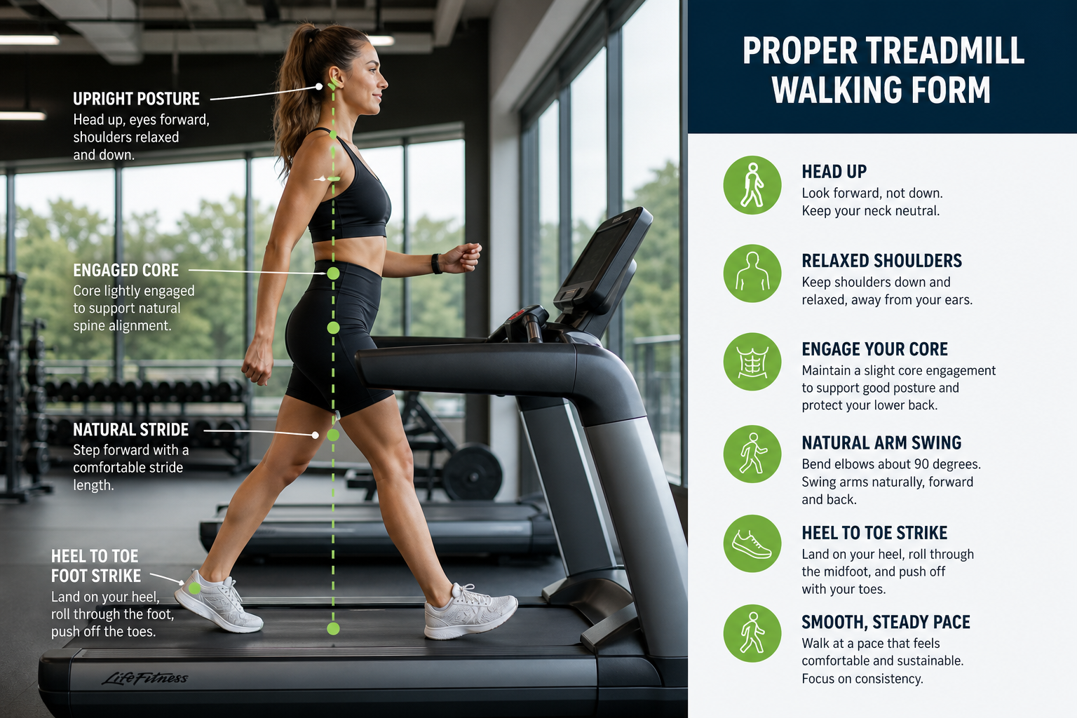 Side view of proper walking form and posture on treadmill