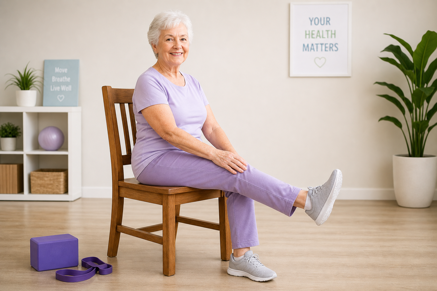 Senior woman performing modified seated stretching exercises on a chair