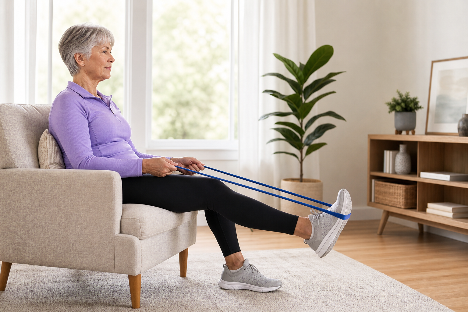 Senior woman performing ankle strengthening exercise with resistance band