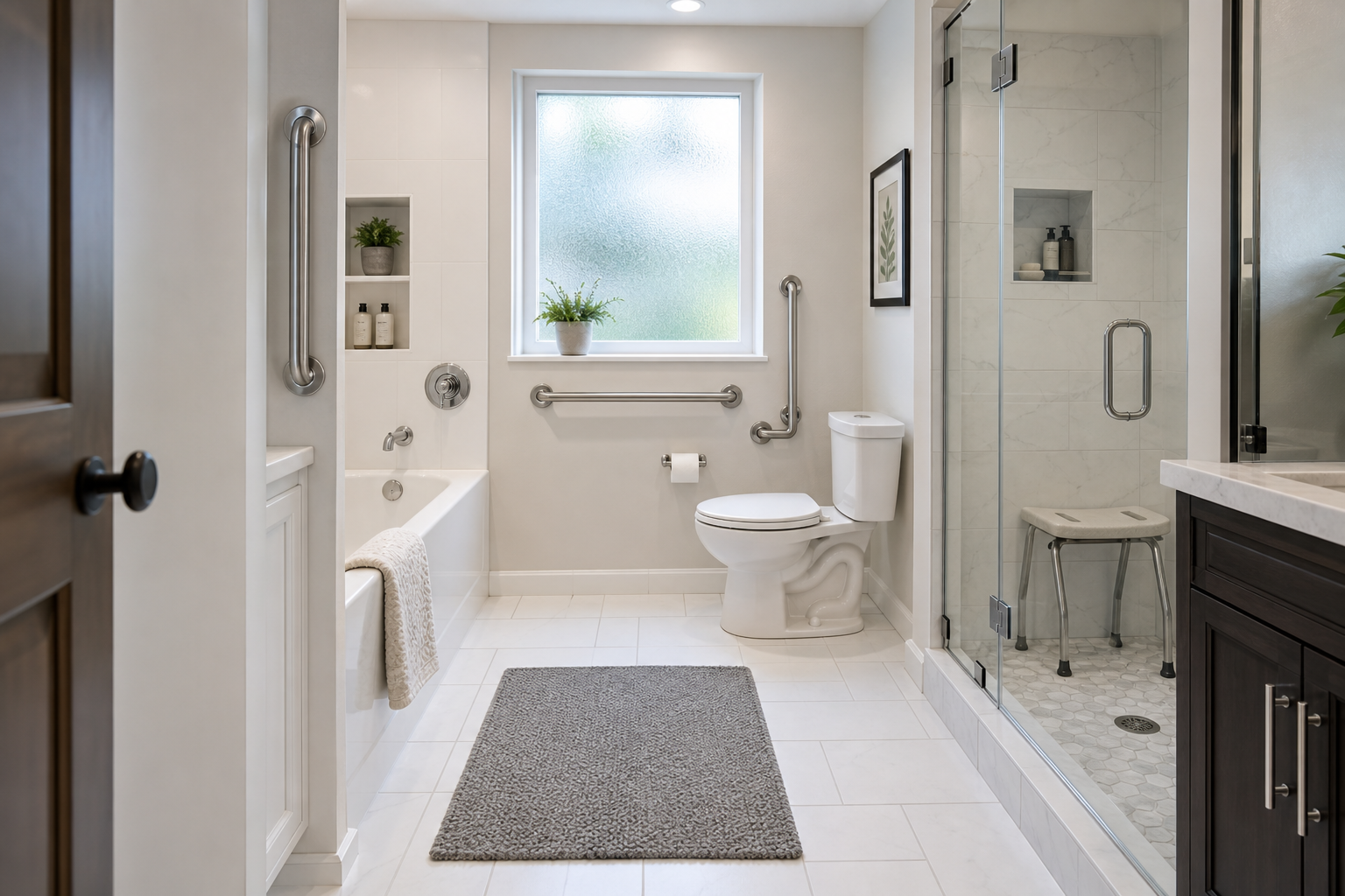 Bathroom with safety grab bars installed near bathtub and toilet, non-slip mat on floor
