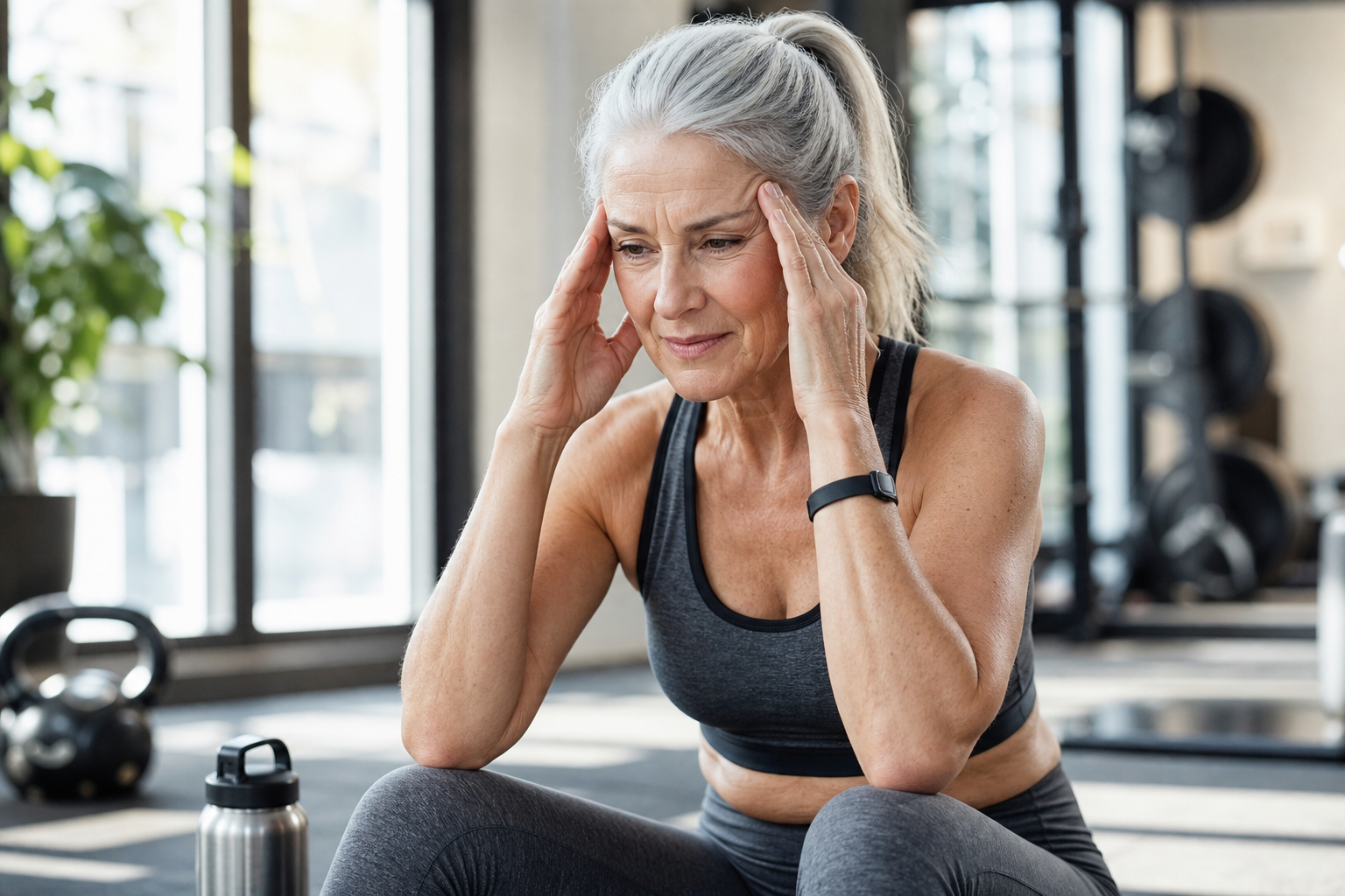 Senior woman experiencing mild headache during exercise at gym