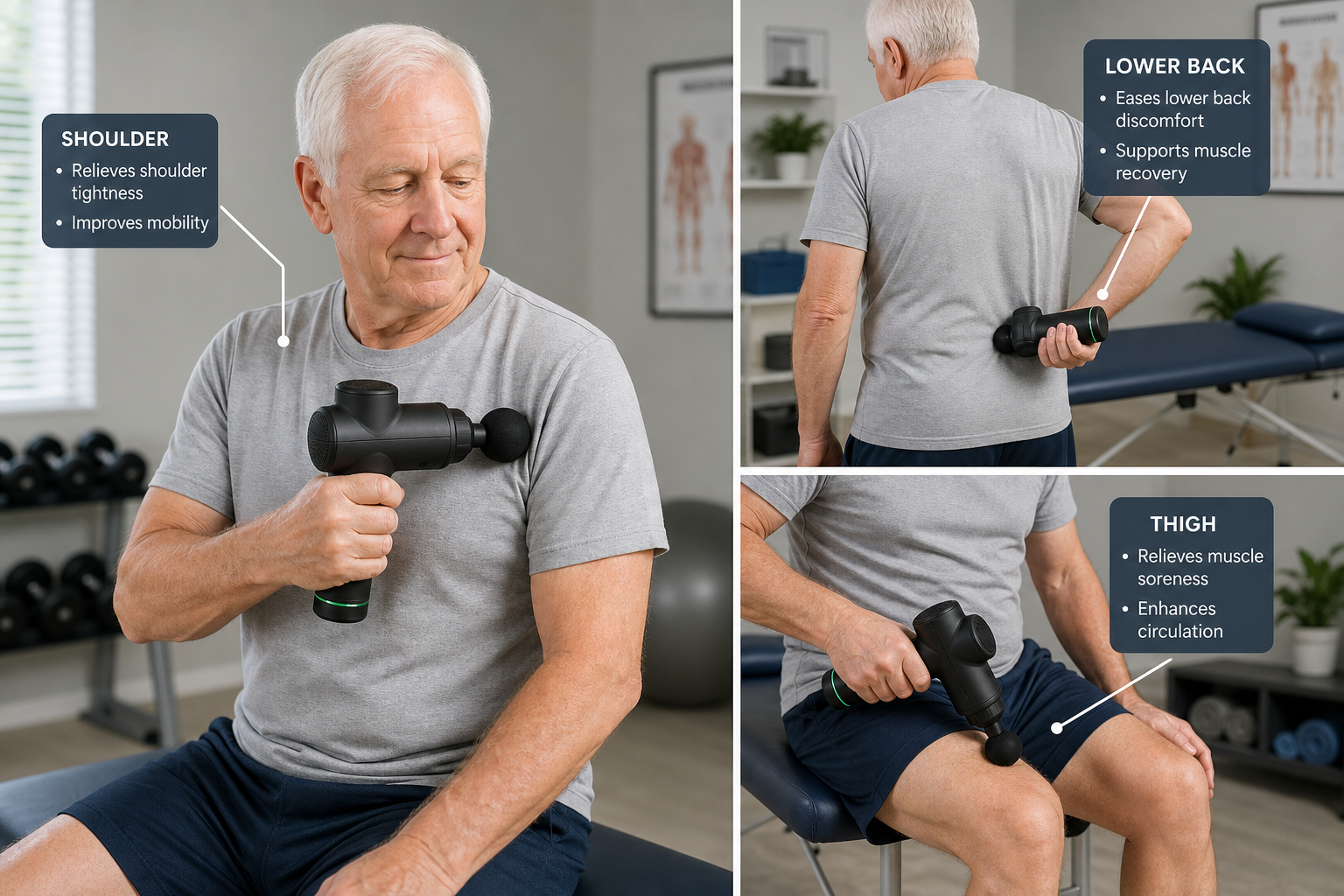 Senior man demonstrating proper body areas to target with a massage gun including shoulder, back, and leg