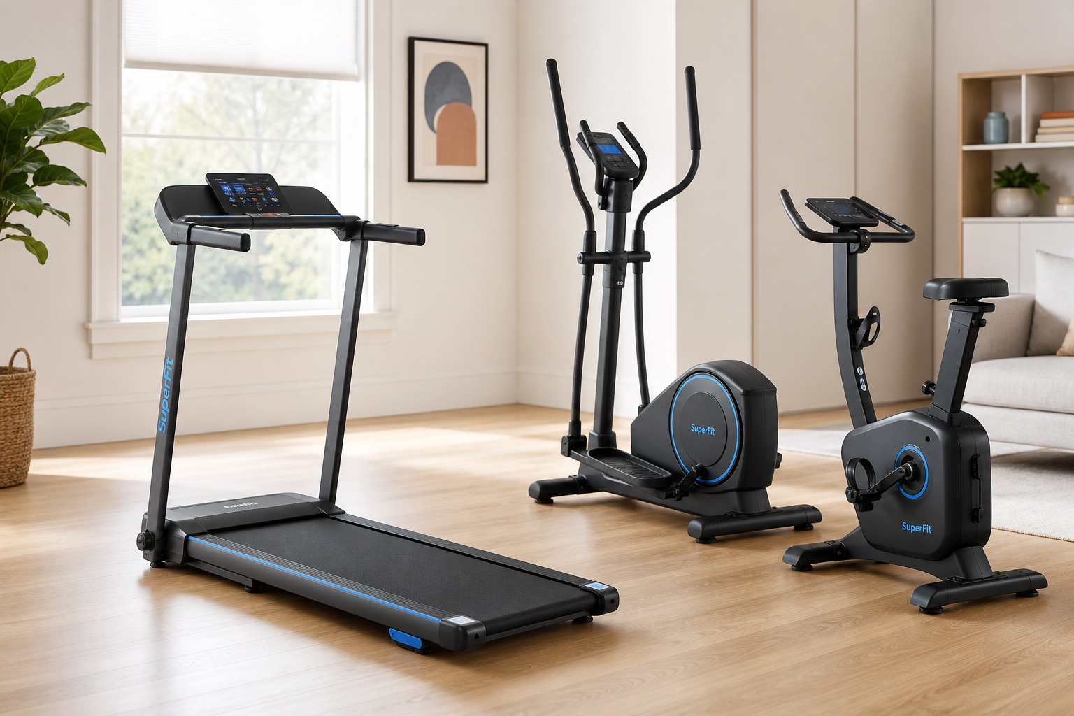 Three compact cardio machines displayed in a small, bright home interior