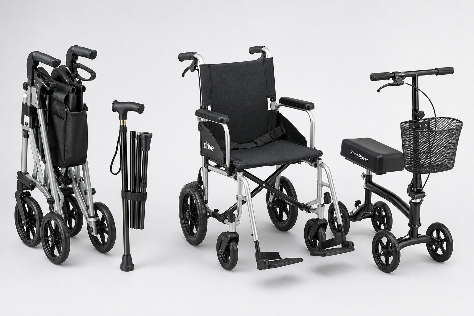 Collection of compact mobility aids including folding walker, cane, and wheelchair