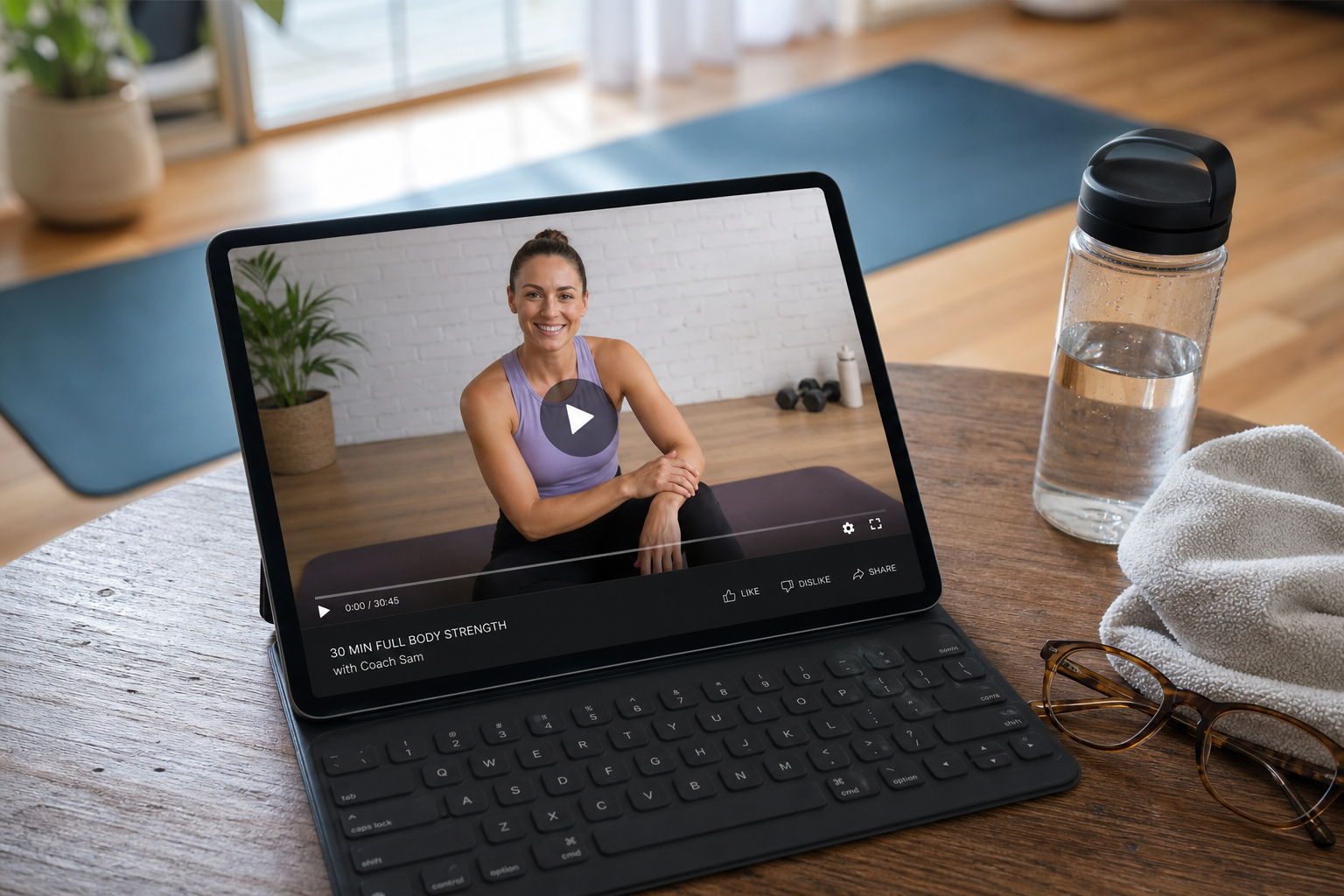 Tablet displaying an exercise video on a table with workout accessories like water bottle and towel