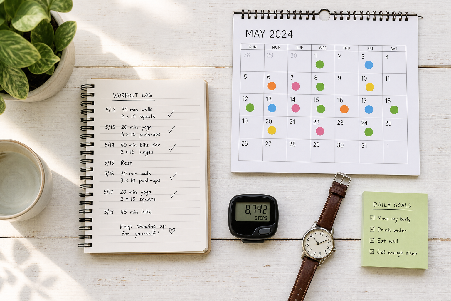 Paper notebook, wall calendar, pedometer, and watch arranged on table as low-tech exercise tracking tools