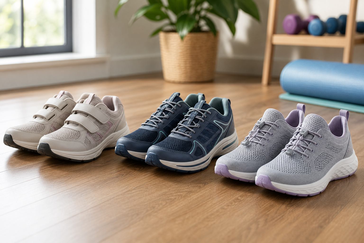 Various types of supportive athletic shoes for seniors displayed on indoor exercise floor