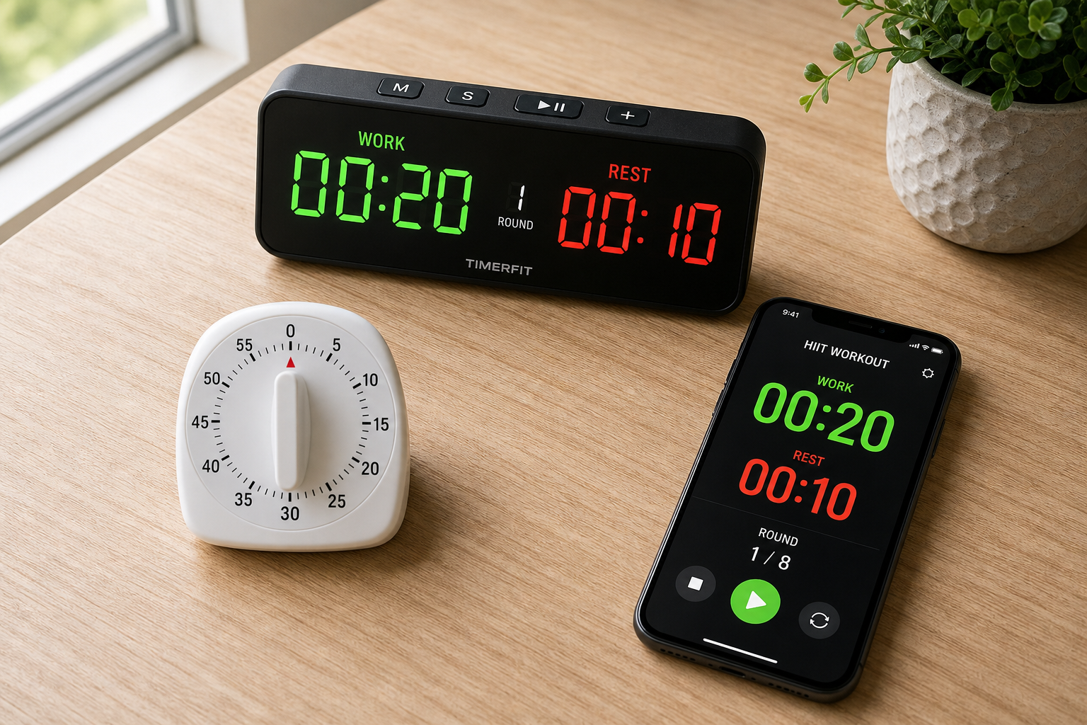 Various workout timers including digital timer, analog timer, and smartphone timer app displayed on wooden surface