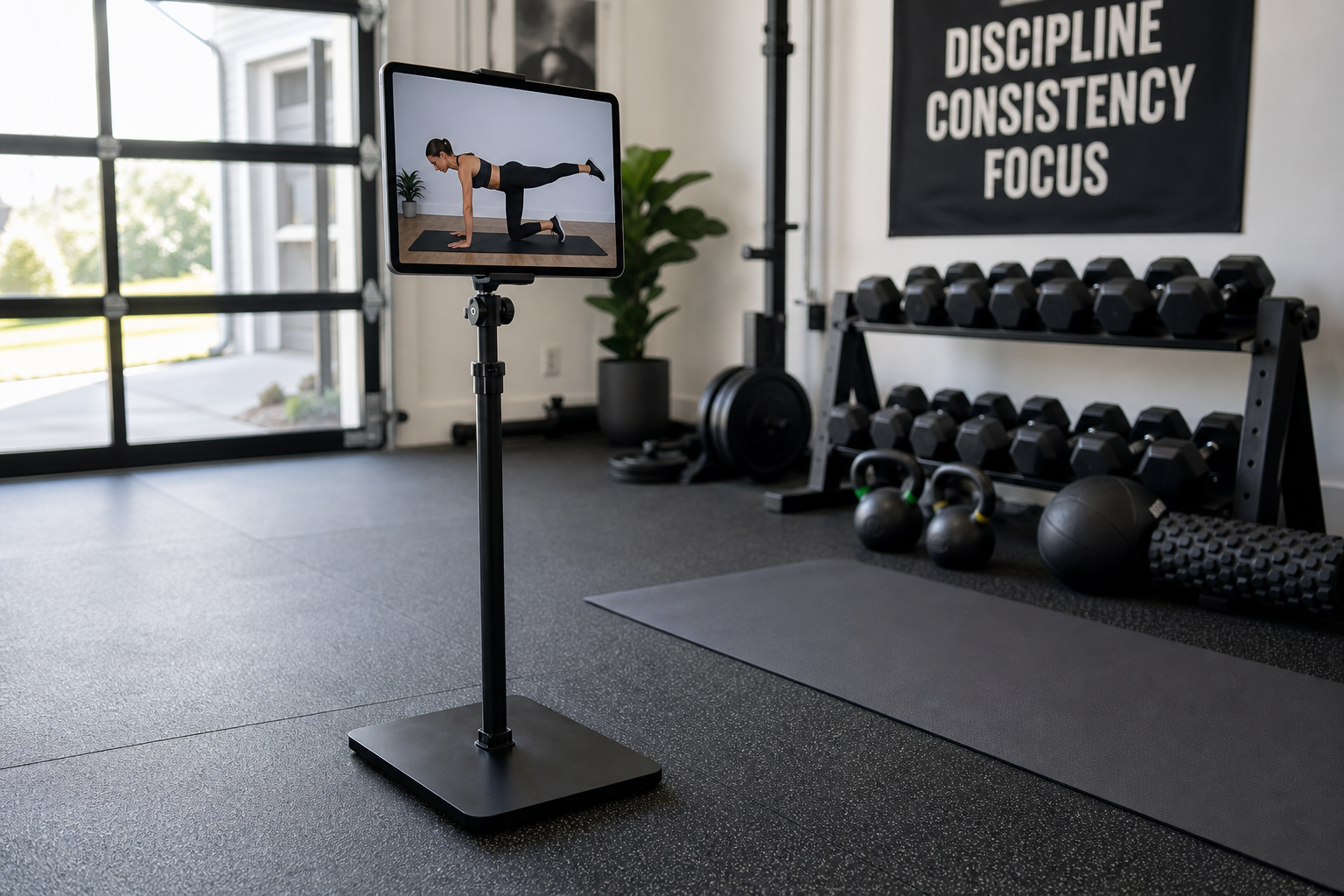 Tablet mounted on adjustable stand in a home garage gym with exercise equipment