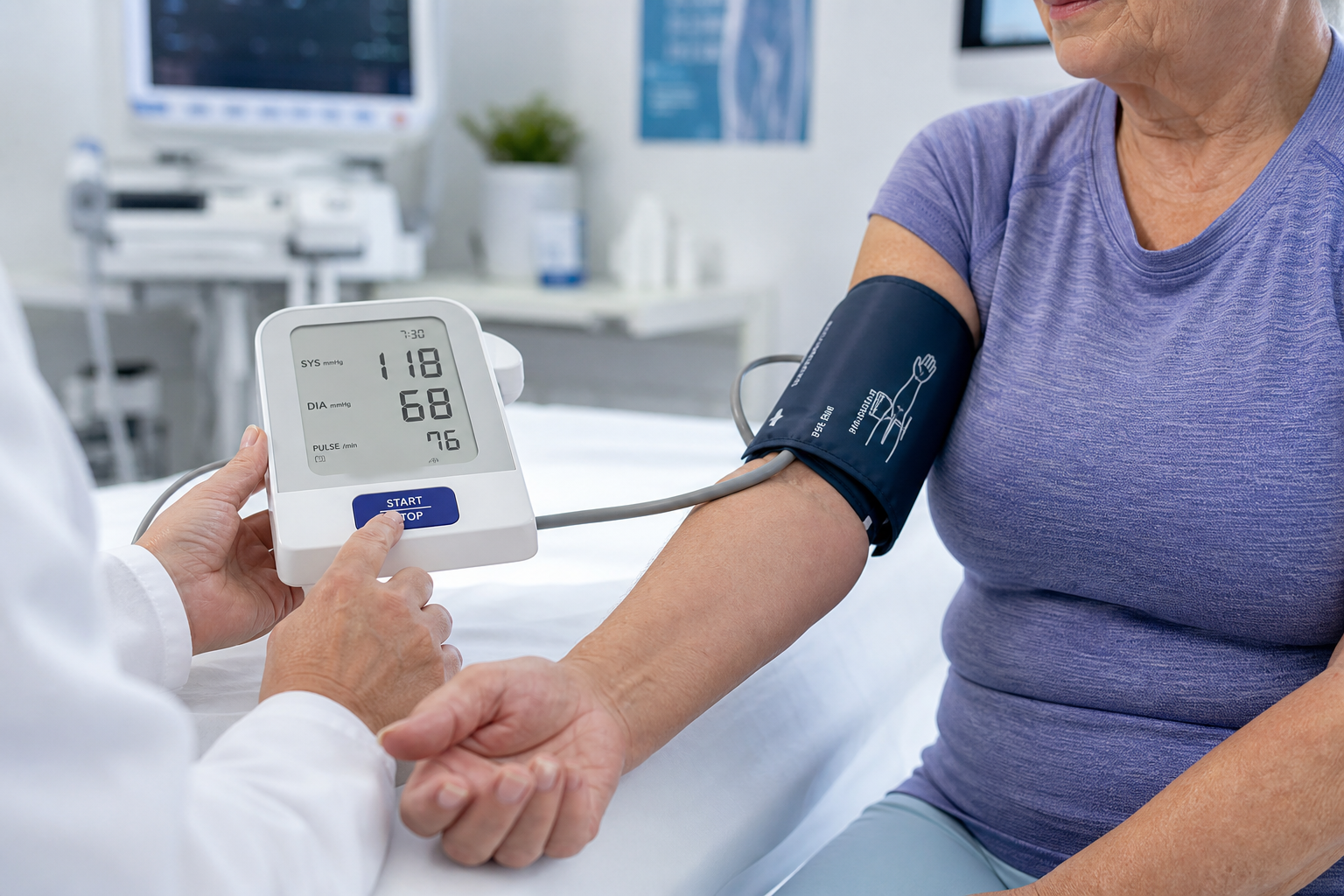 Healthcare professional checking blood pressure of senior patient after exercise