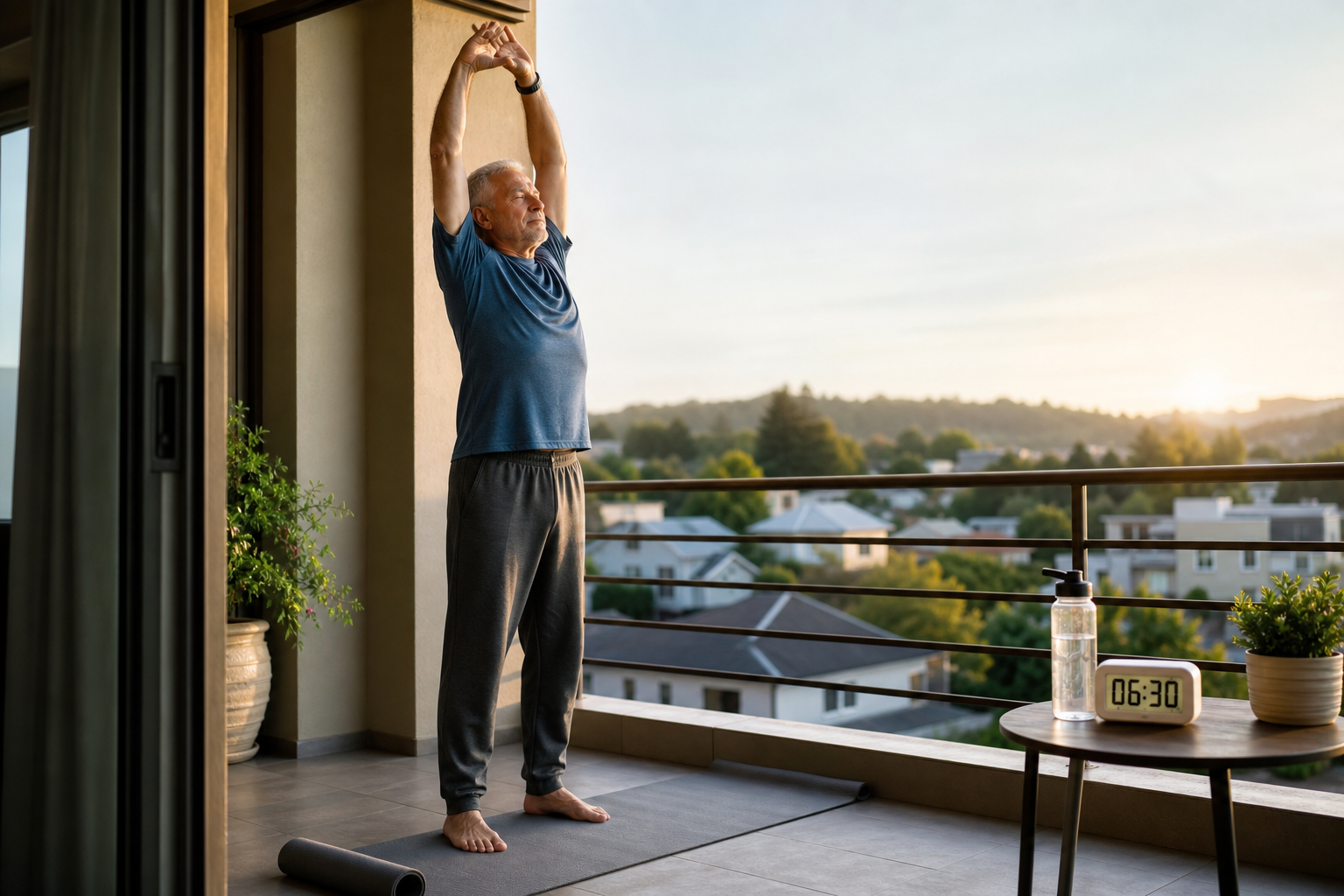 Senior man doing morning stretching exercises on his balcony