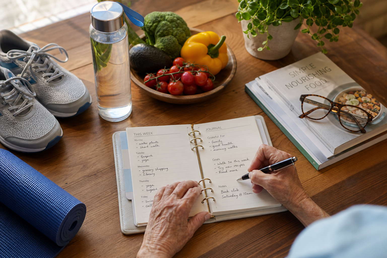 Retiree planning their physical activity schedule with exercise equipment and healthy items