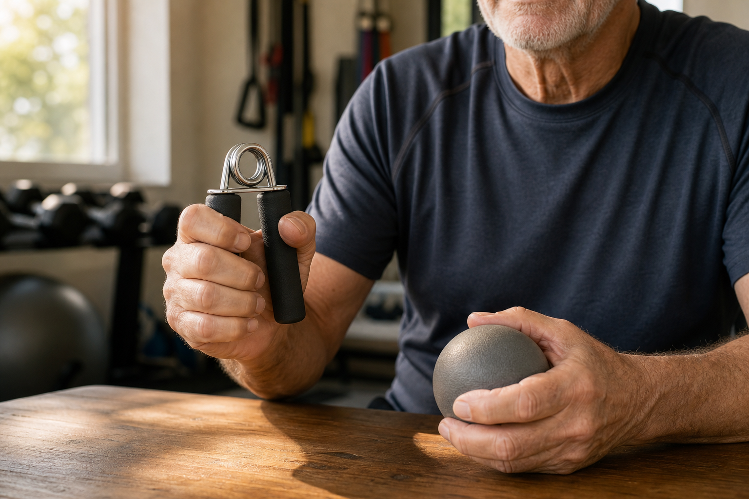 Senior person's hands using grip strengthening tools including hand gripper and stress ball