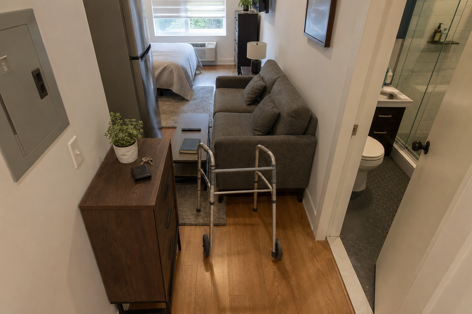 Overhead view of walker in narrow apartment hallway showing tight space constraints