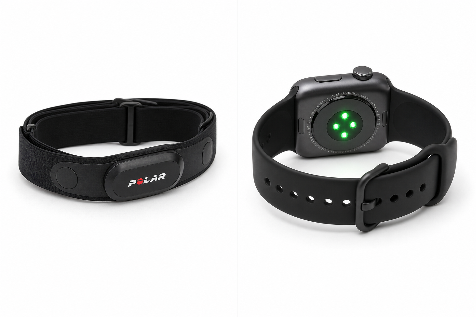 Side-by-side comparison of a chest strap heart rate monitor and a wrist-based smartwatch