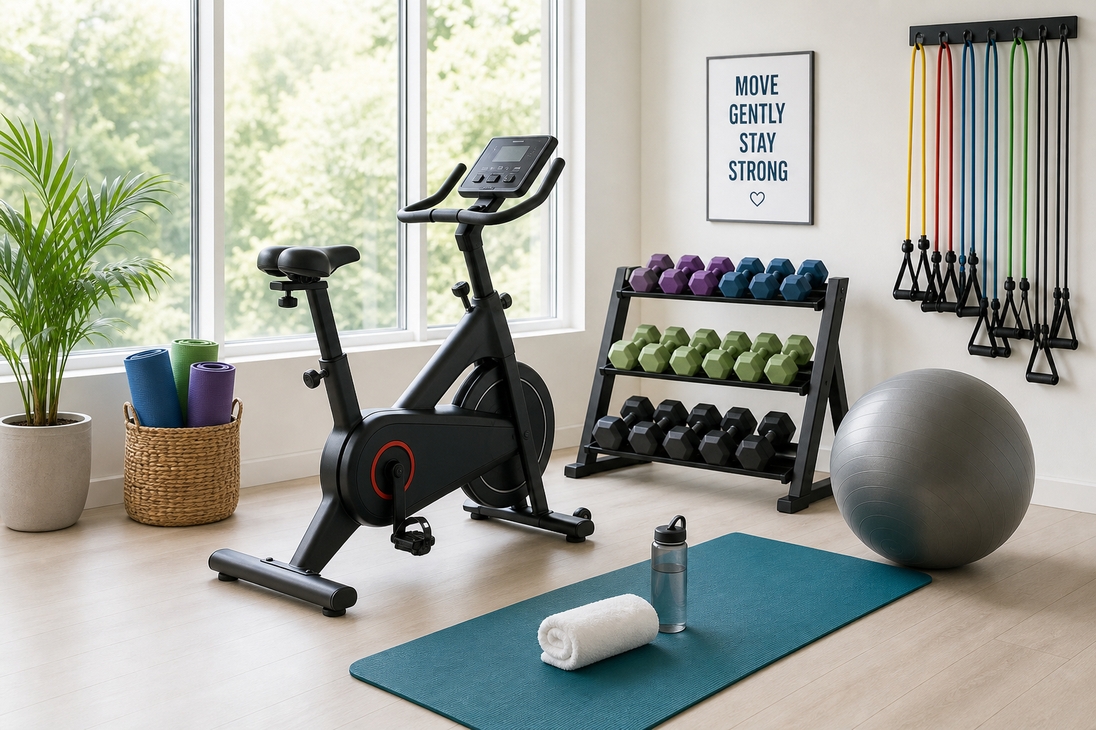 Selection of safe exercise equipment suitable for people on blood thinners including stationary bike and resistance bands