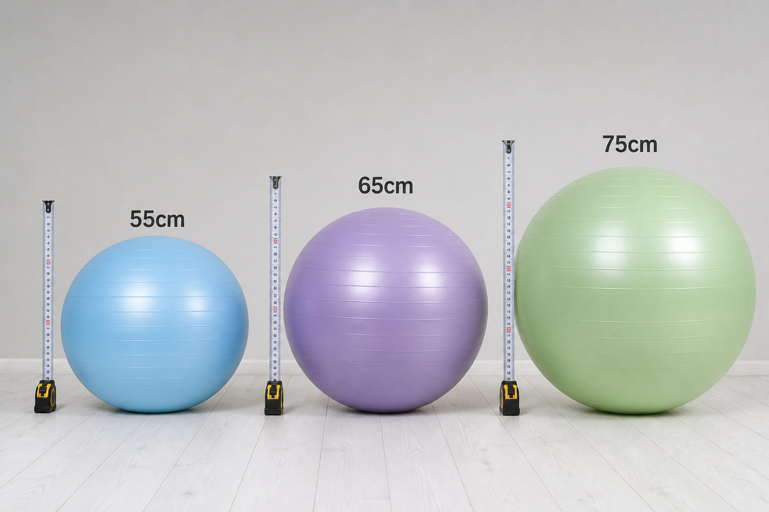 Three different sized exercise balls displayed side by side with measuring tapes showing their heights