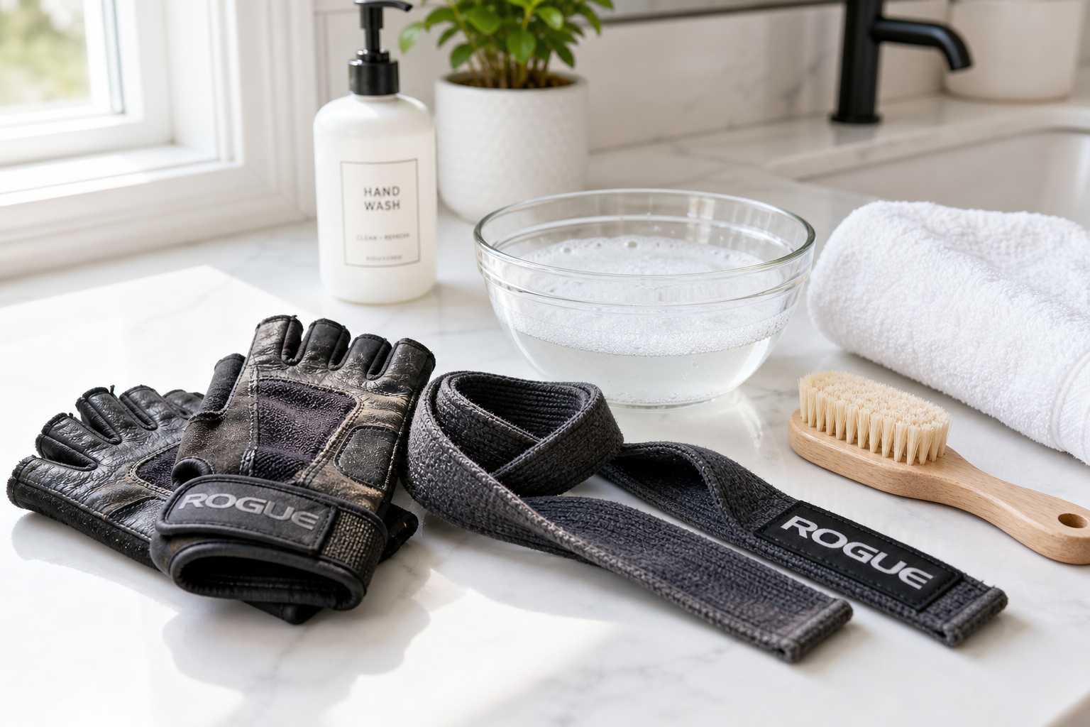 Lifting gloves and straps with cleaning supplies including soap, brush, and towel on bathroom counter