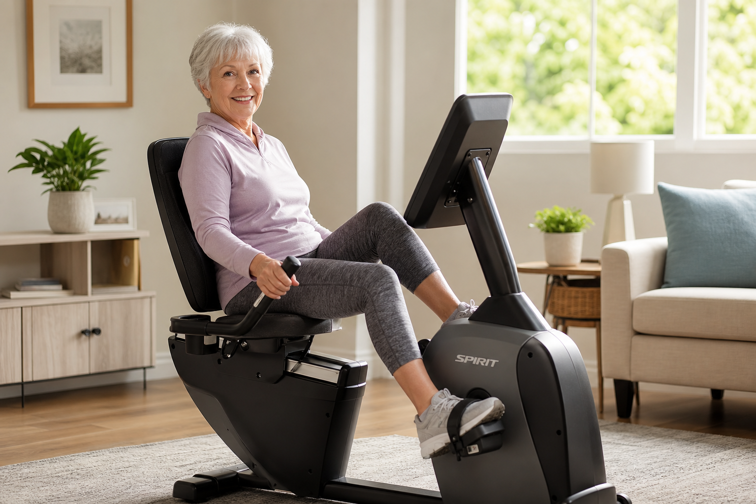 Senior woman exercising safely and comfortably on a recumbent bike at home
