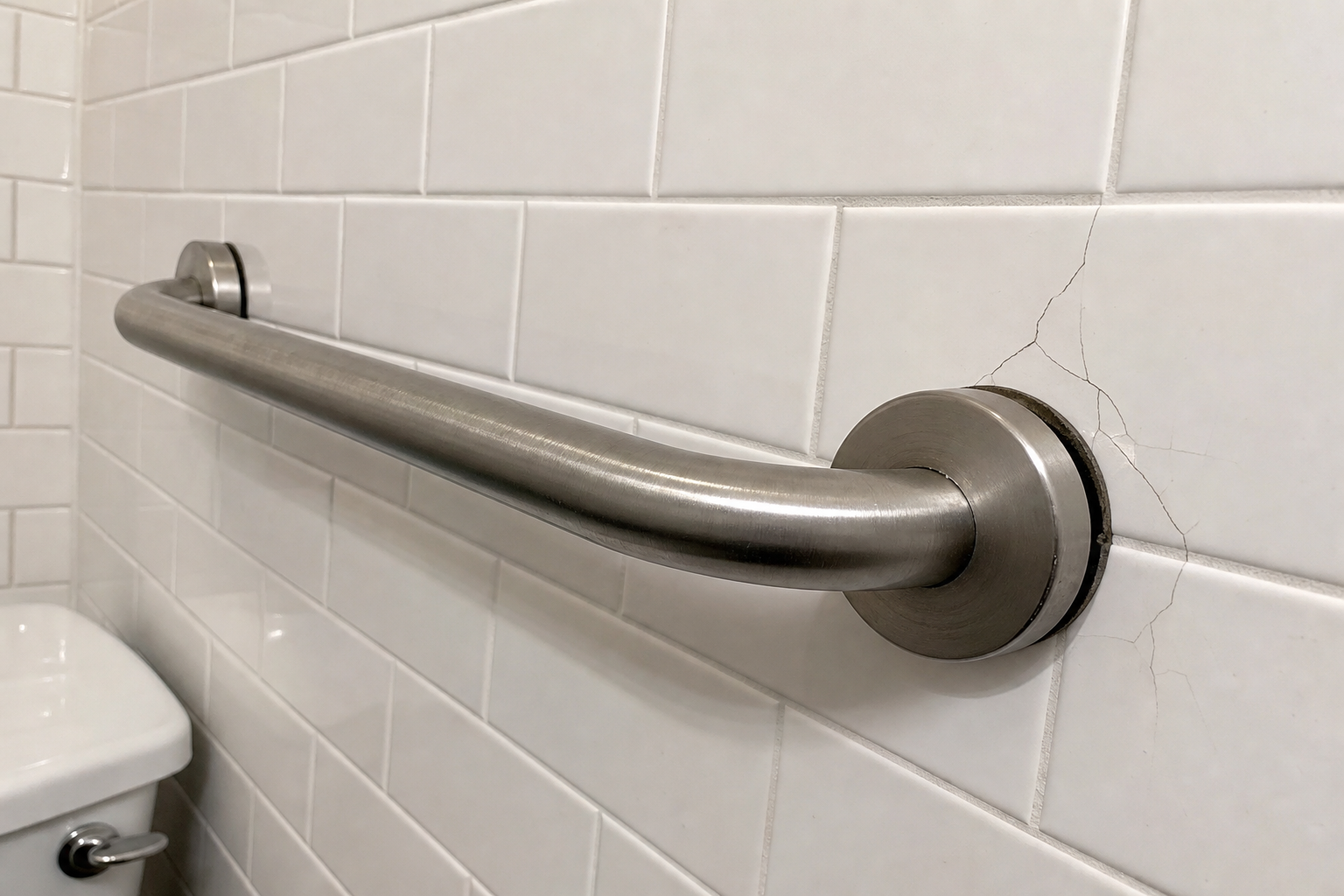 Close-up of improperly installed bathroom grab bar showing common mounting mistakes