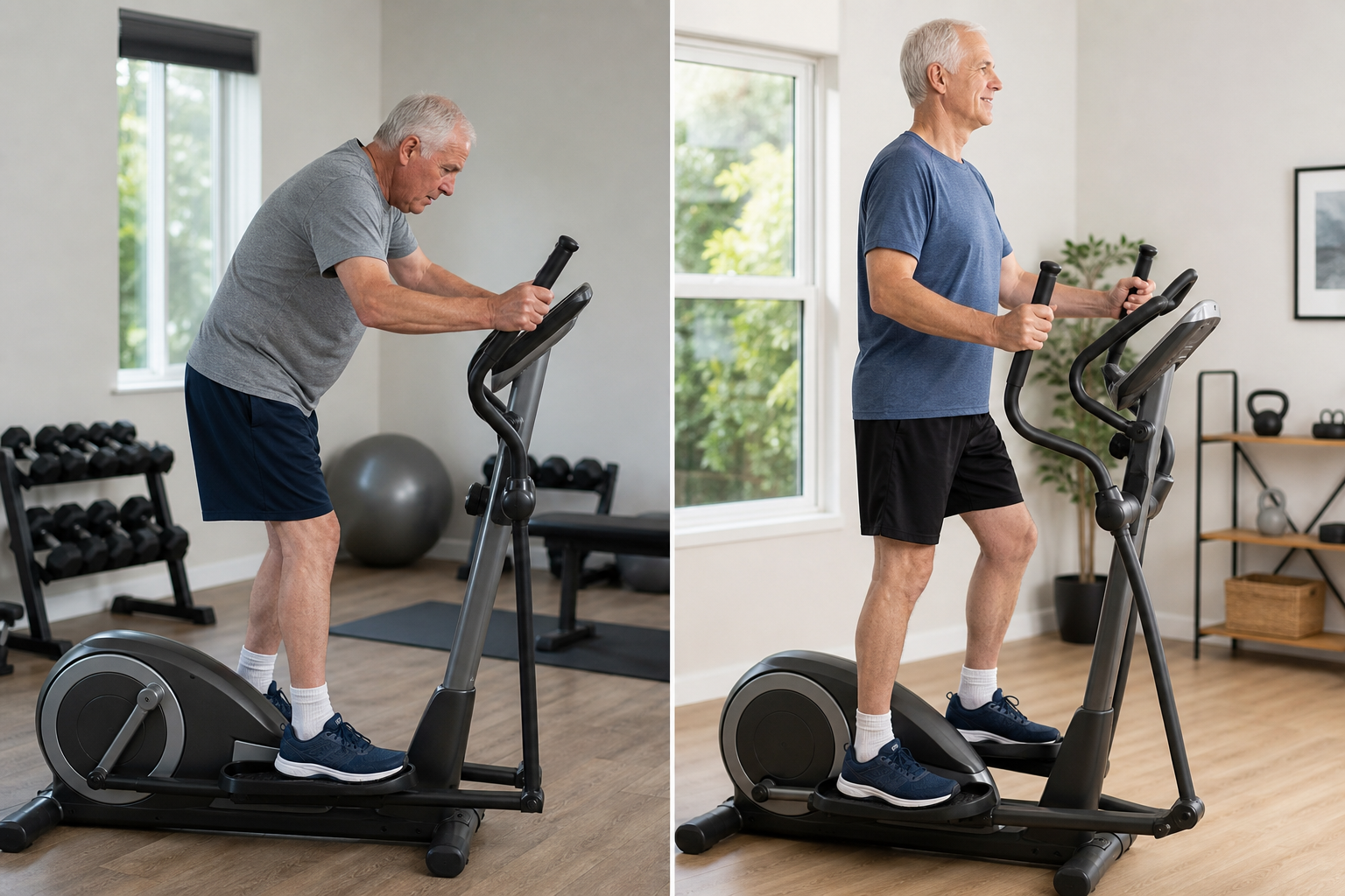 Comparison of incorrect and correct posture while using an elliptical machine